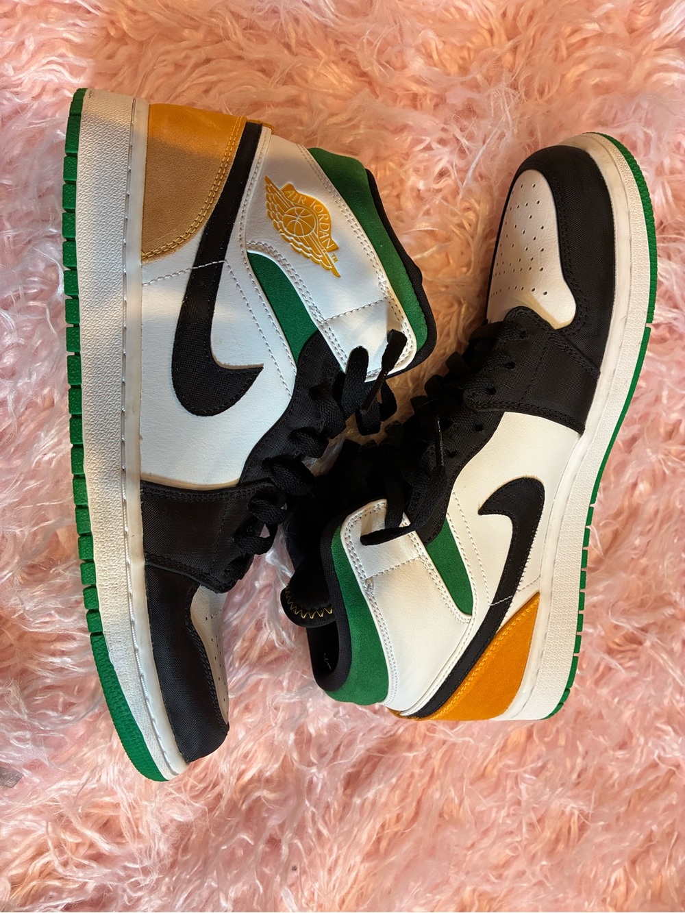 Jordan Mids Sneakers in White, Black, Green & Gold